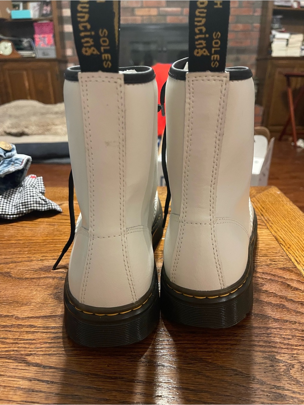 Dr. Martens White Leather Boots with Black Trim and Yellow Pull Tab - Picture 6 of 7